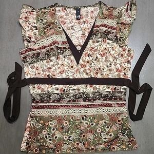 vintage Ing y2k babydoll Empire Waist boho Brown Orange floral tie-back top S